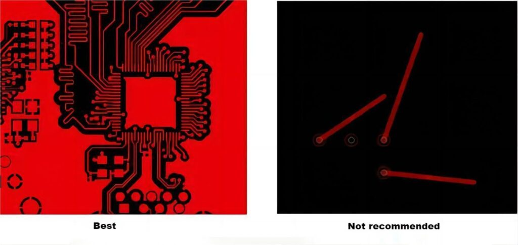 comparison of recommended and not recommended pcb trace routing angles